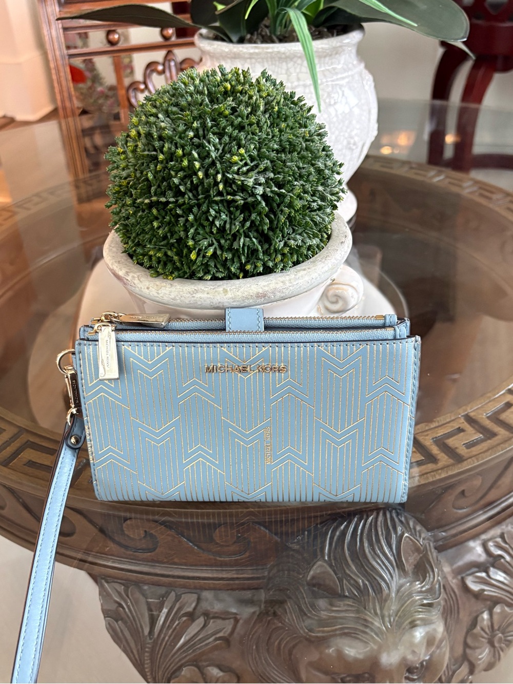 🩵💛MICHAEL KORS DOUBLE ZIP POWDER BLUE & GOLD METALLIC LEATHER ART DECO WRISTLET!